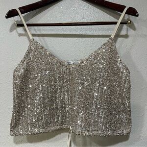 Zara Silver Sequined Sparkly Silver Crop Top Drawstring Waist Women’s Size Small